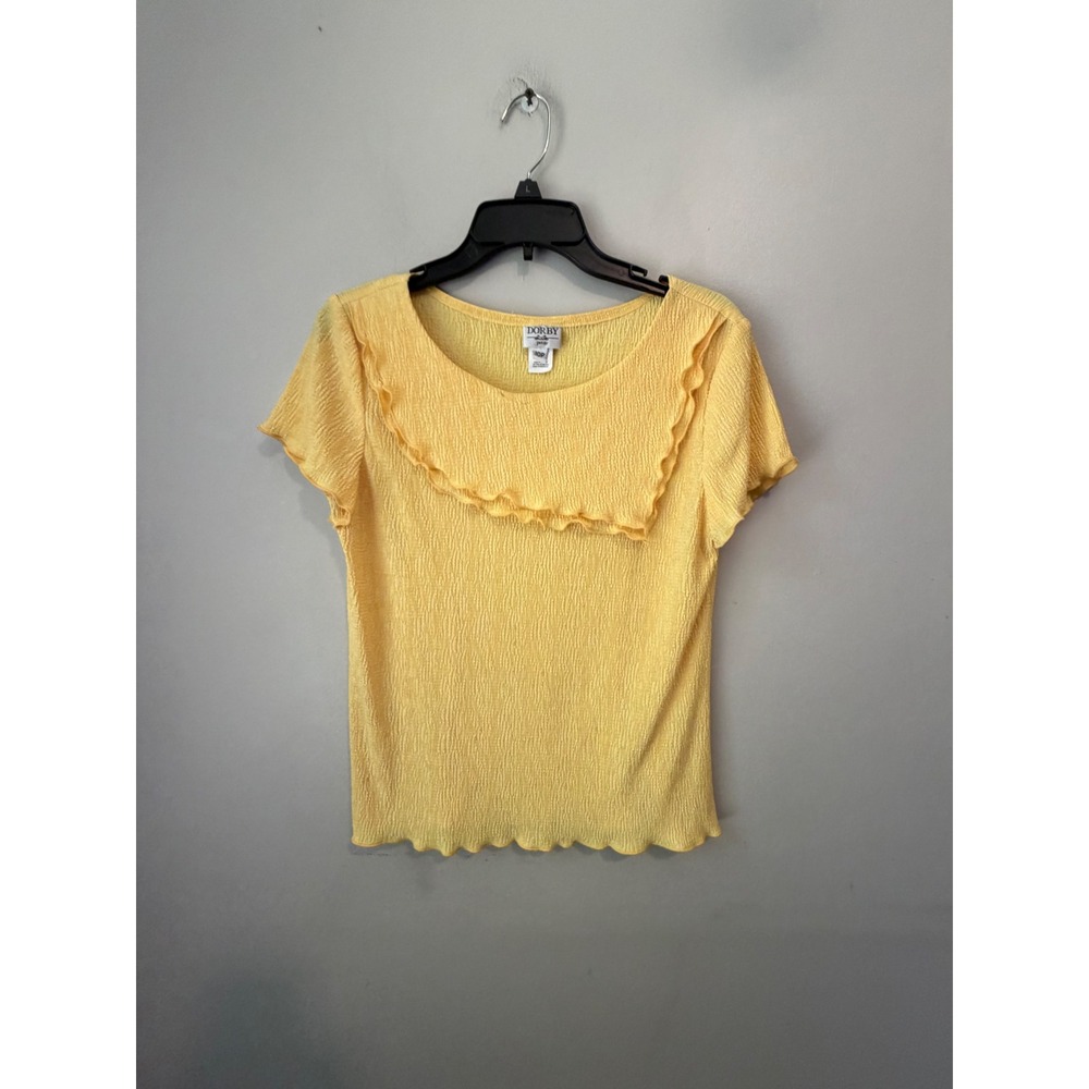 Dorby Petite Yellow Crinkle Ruffle Neck Short Sleeve Blouse Top Size 10P
